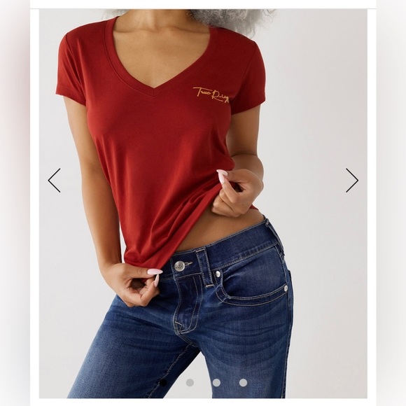 True Religion Women’s Mint Yucca V Neck Buddha Script T-Shirt NWT Small - Picture 3 of 10